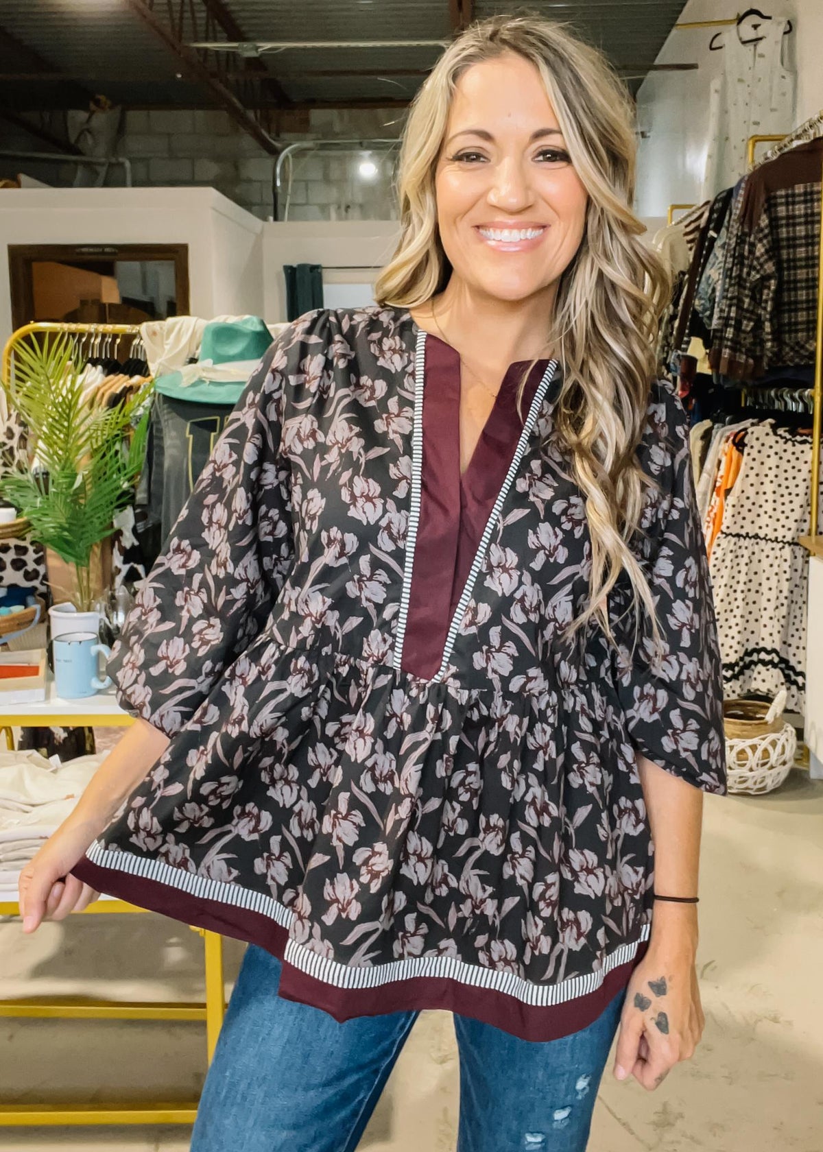 3/4 Sleeve Women Floral Top With Contrast Detail