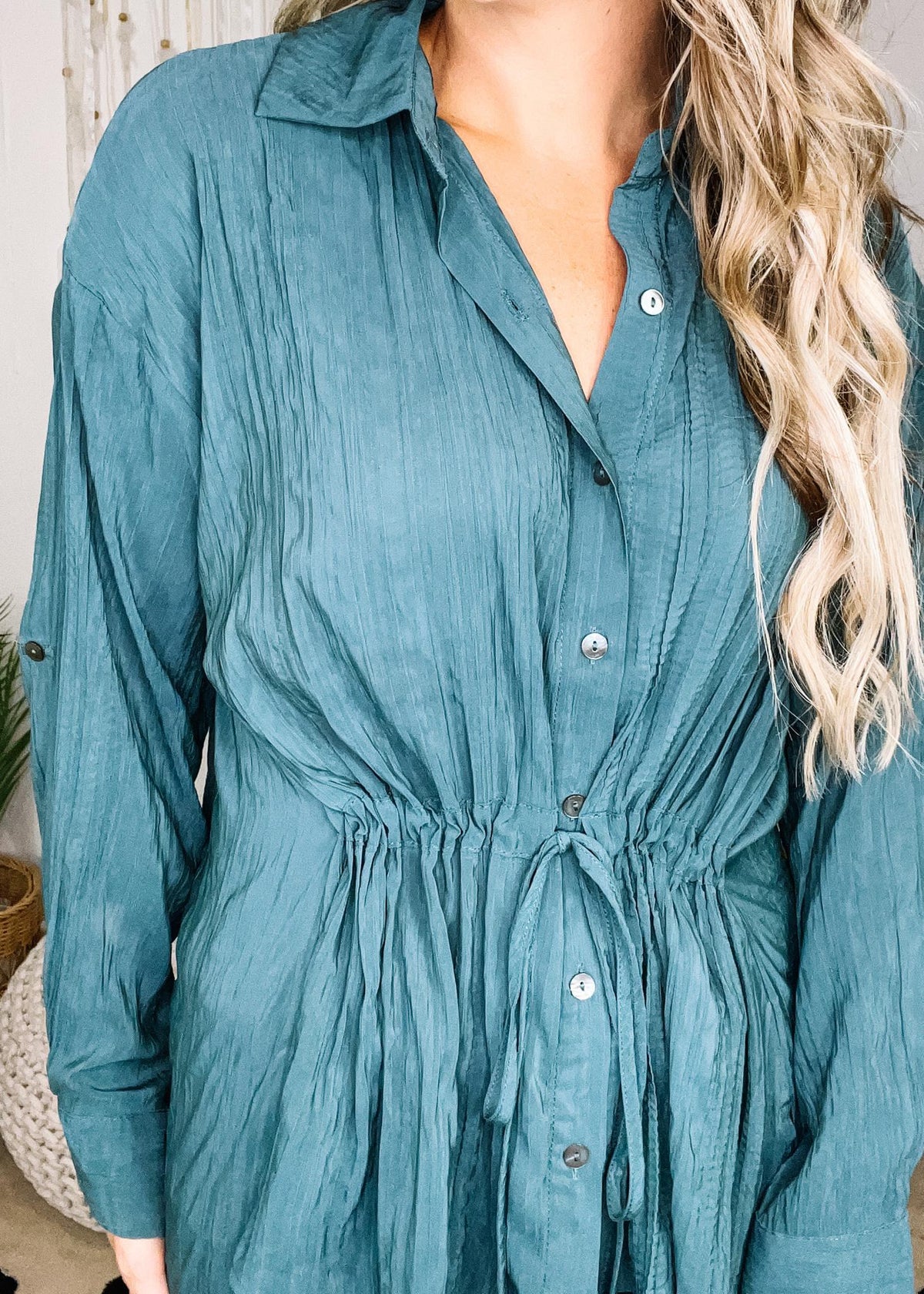 Jewel Crinkle Blouse with Drawstring Waist