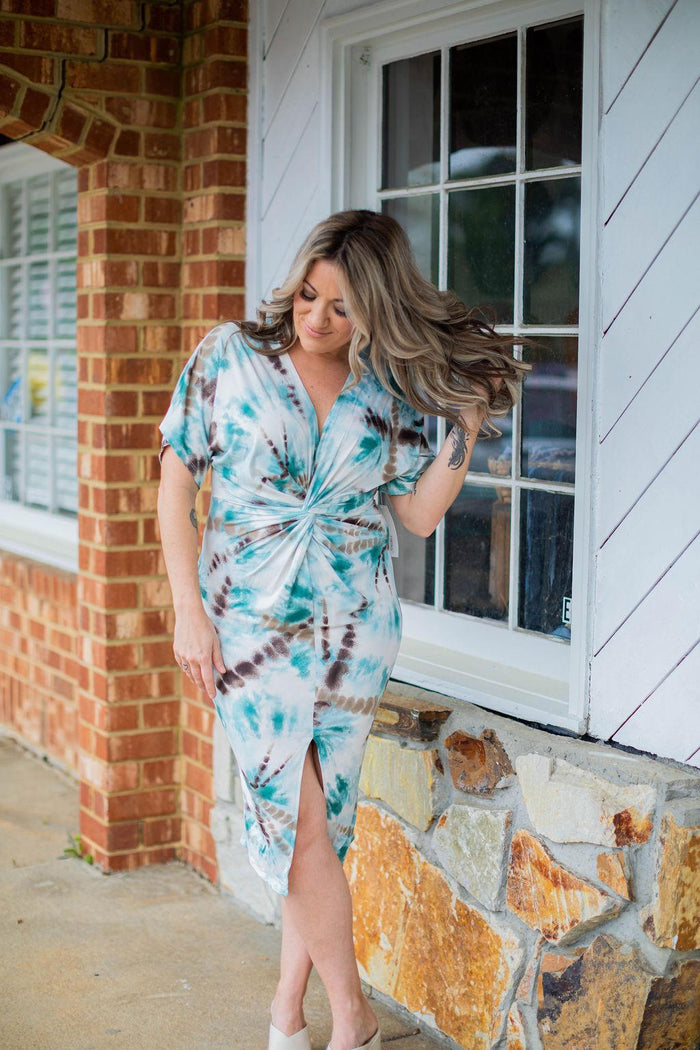 Tie Dye Front Twist Midi Dress