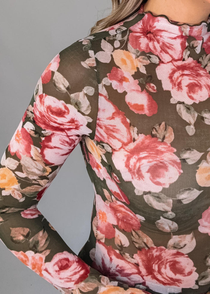 Olive Floral Mesh Top