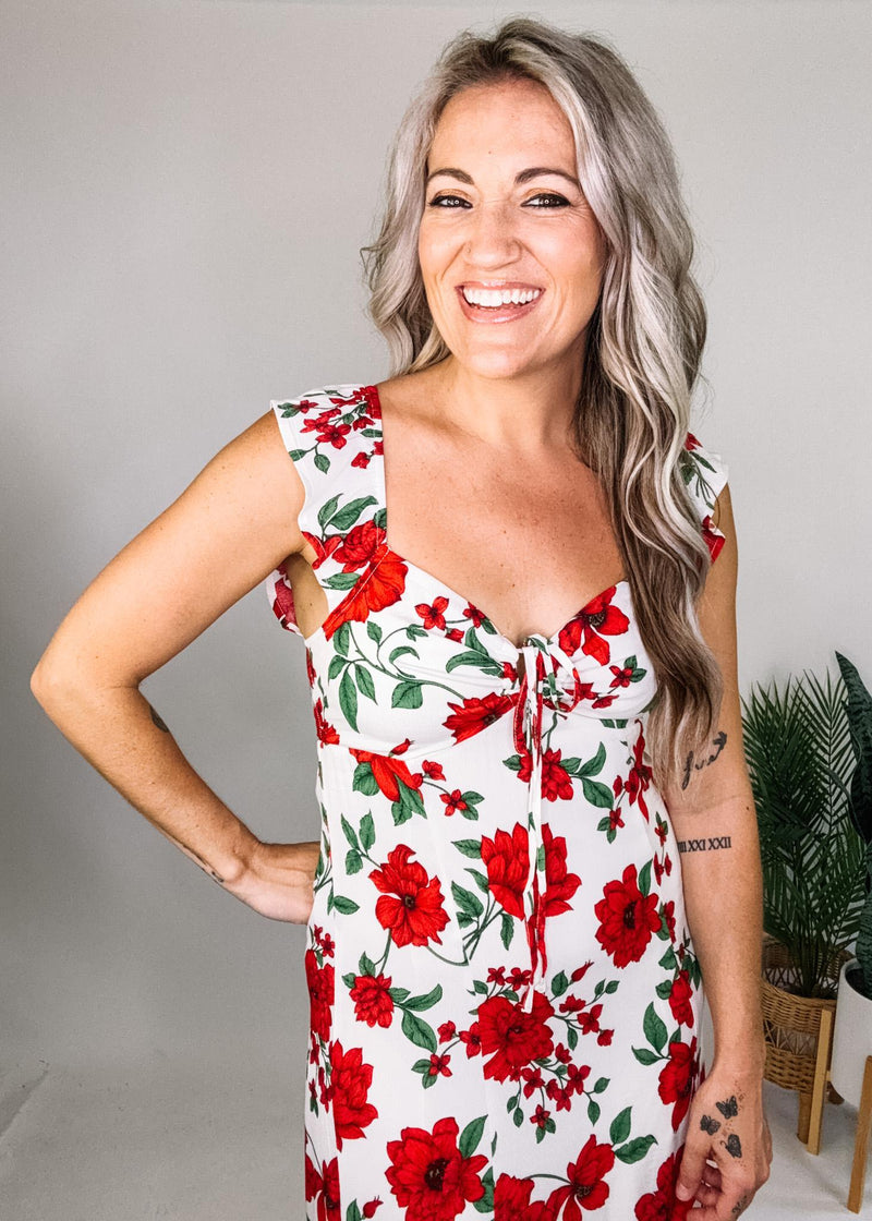 Red Floral Tie Front Midi Dress