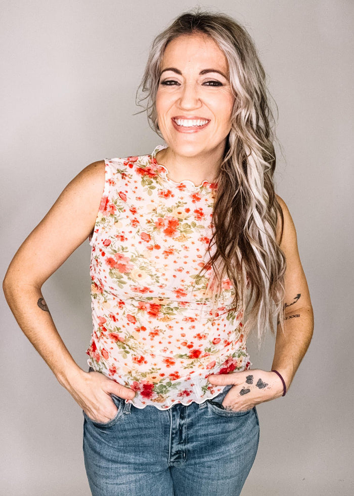 Ivory and Coral Semi Sheer Floral Mesh Top