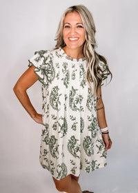 Green and Linen Paisley High Neck Dress
