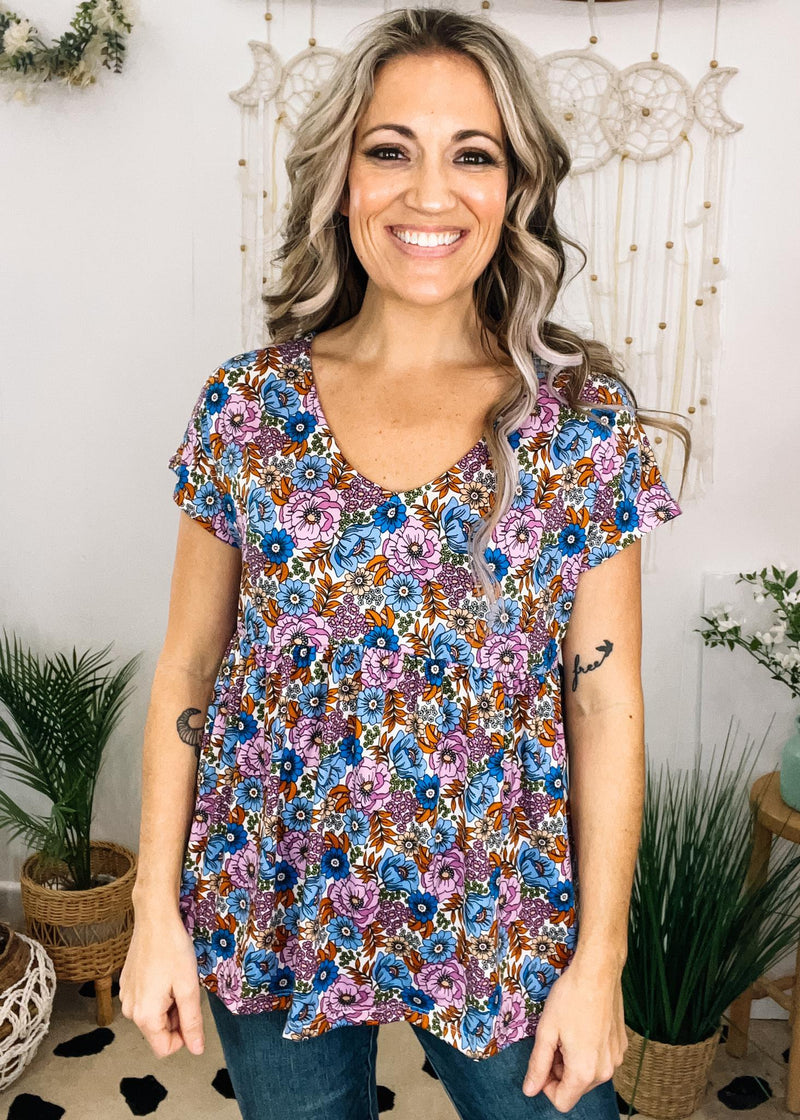 Blue and Lavender Flora, Babydoll Top