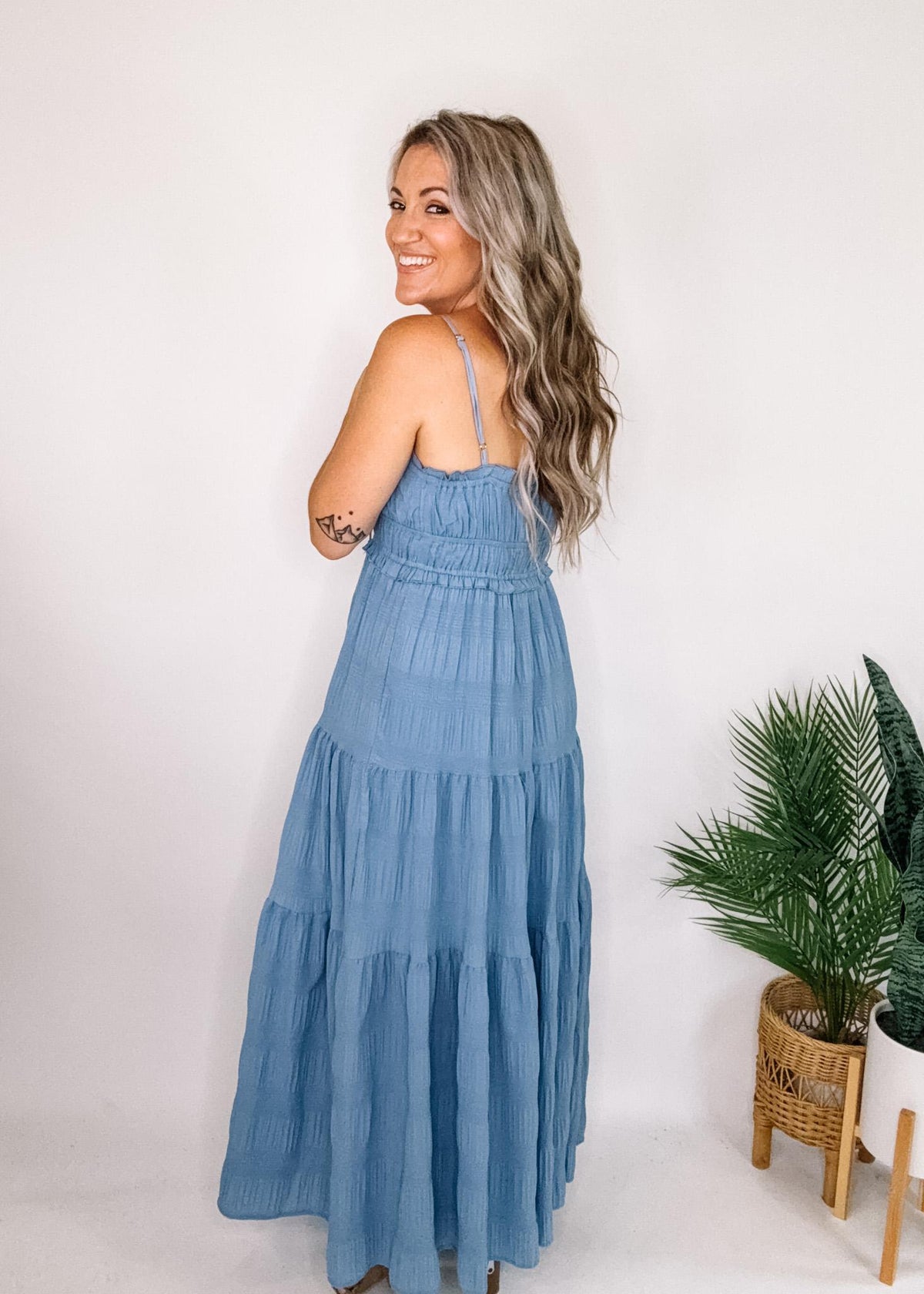 Denim Blue Textured Tiered Maxi Dress