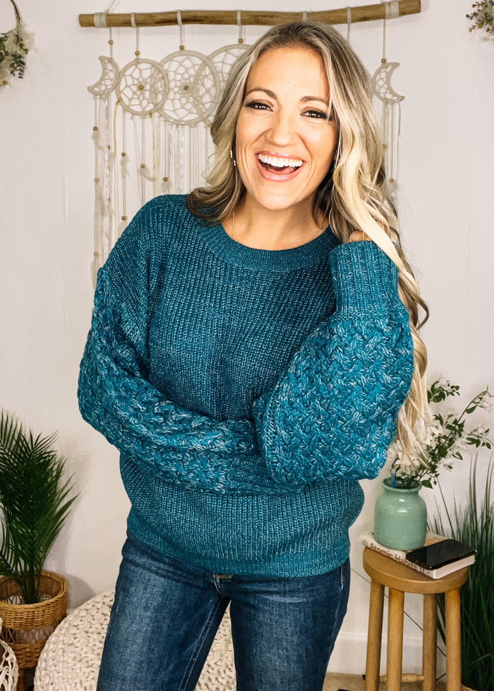 Blue and Grey Knit Sweater with Lattice Sleeve