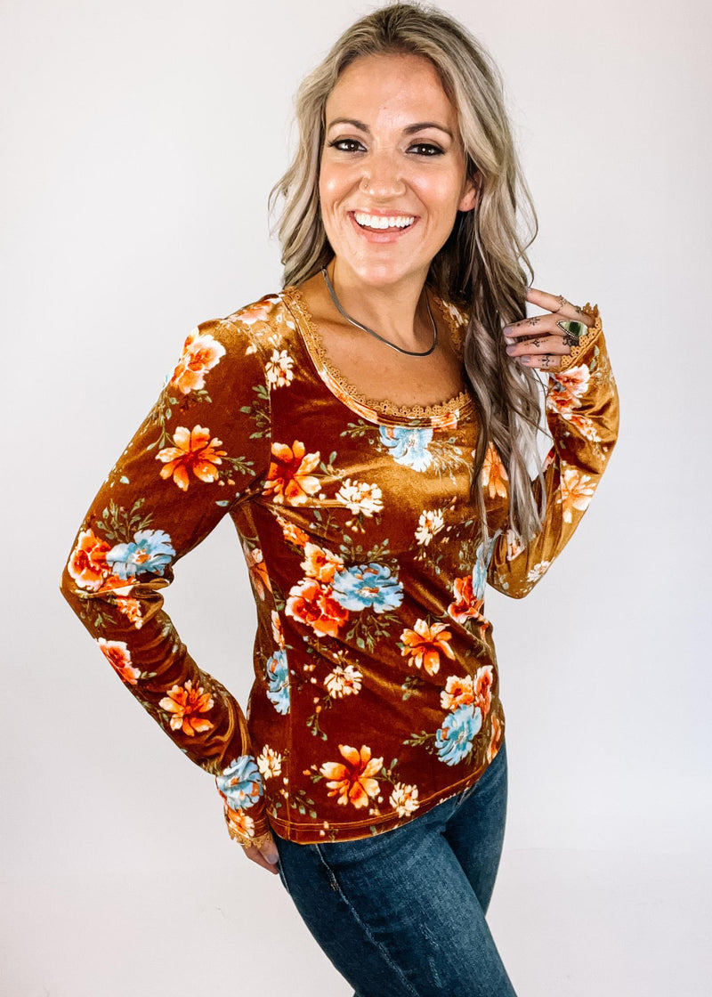 Rust Floral Velvet Top