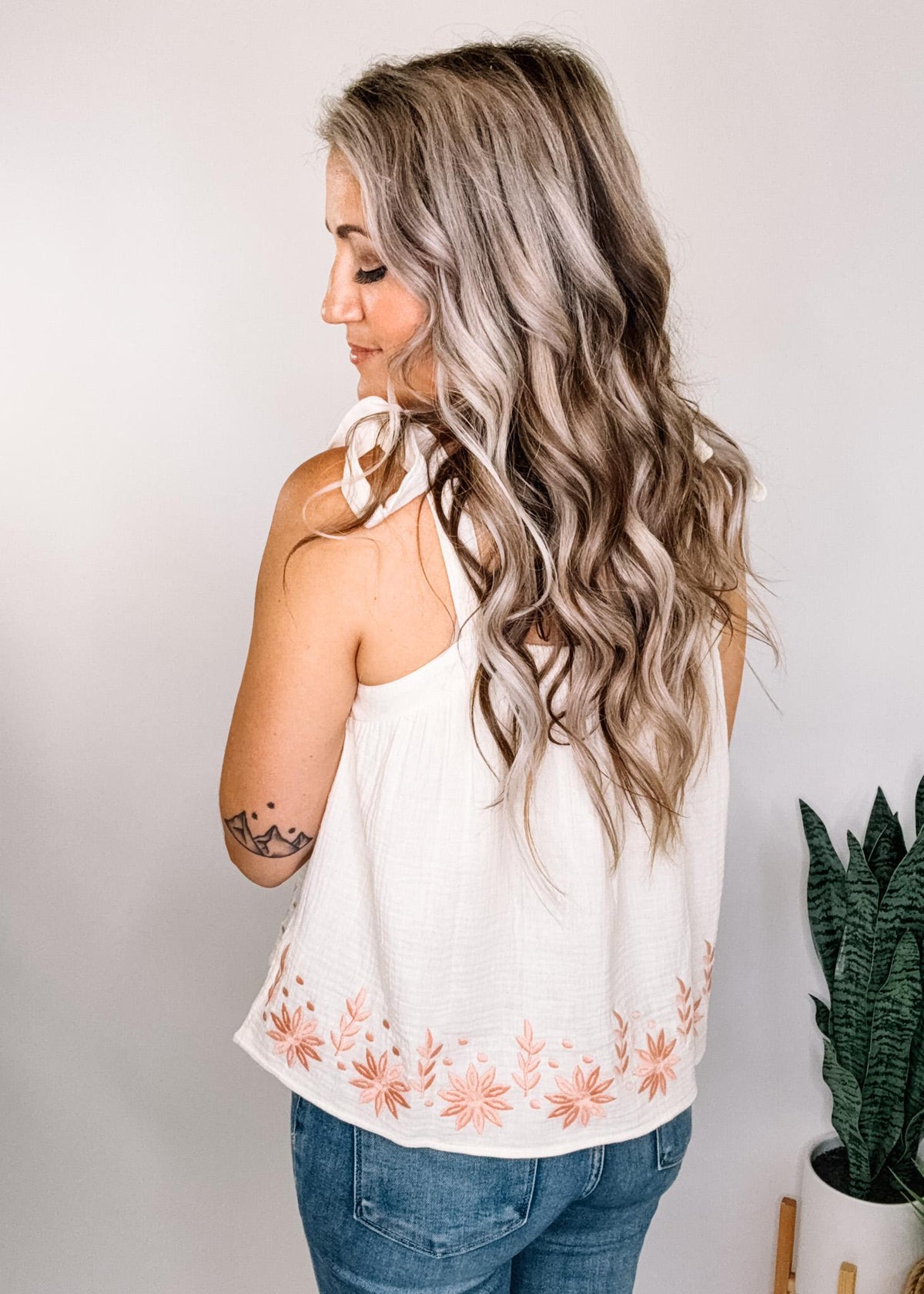 Natural Linen Top with Blush Embroidery