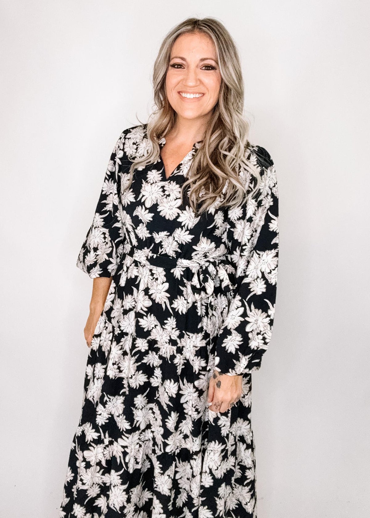 Jody Black Dress with White and Taupe Flowers