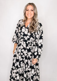 Jody Black Dress with White and Taupe Flowers