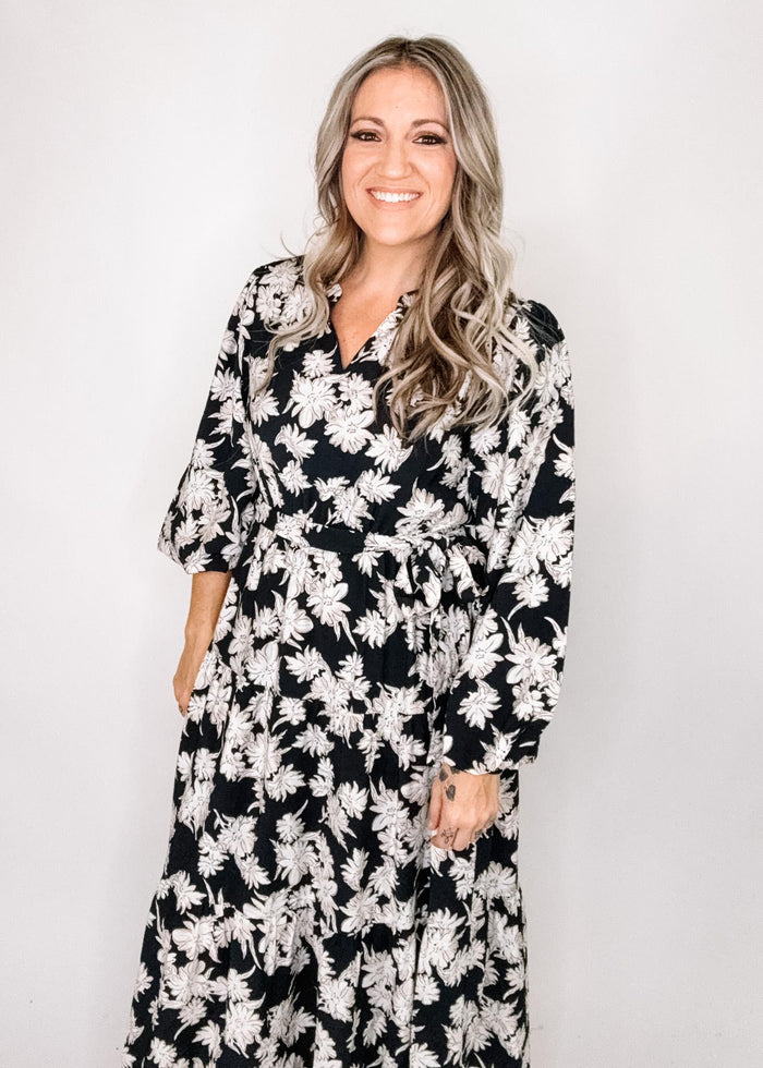Jody Black Dress with White and Taupe Flowers