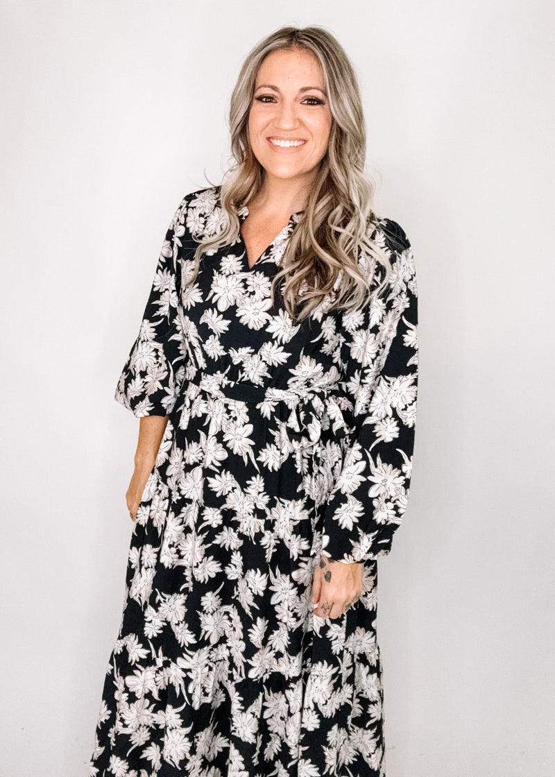 Jody Black Dress with White and Taupe Flowers