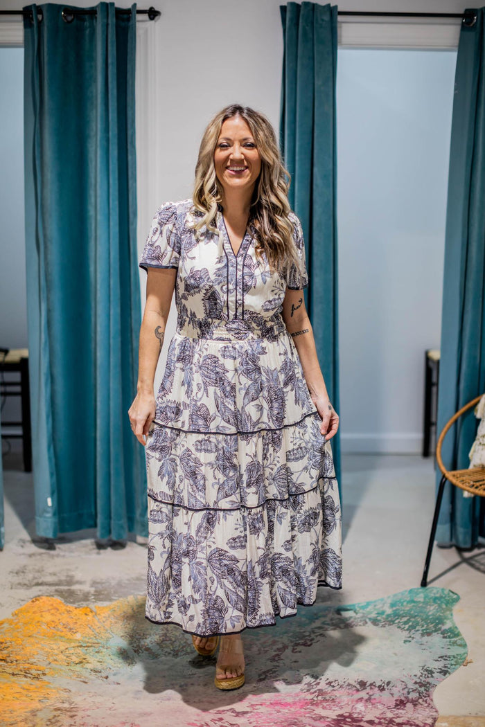 Grey Trim and Printed Maxi Dress