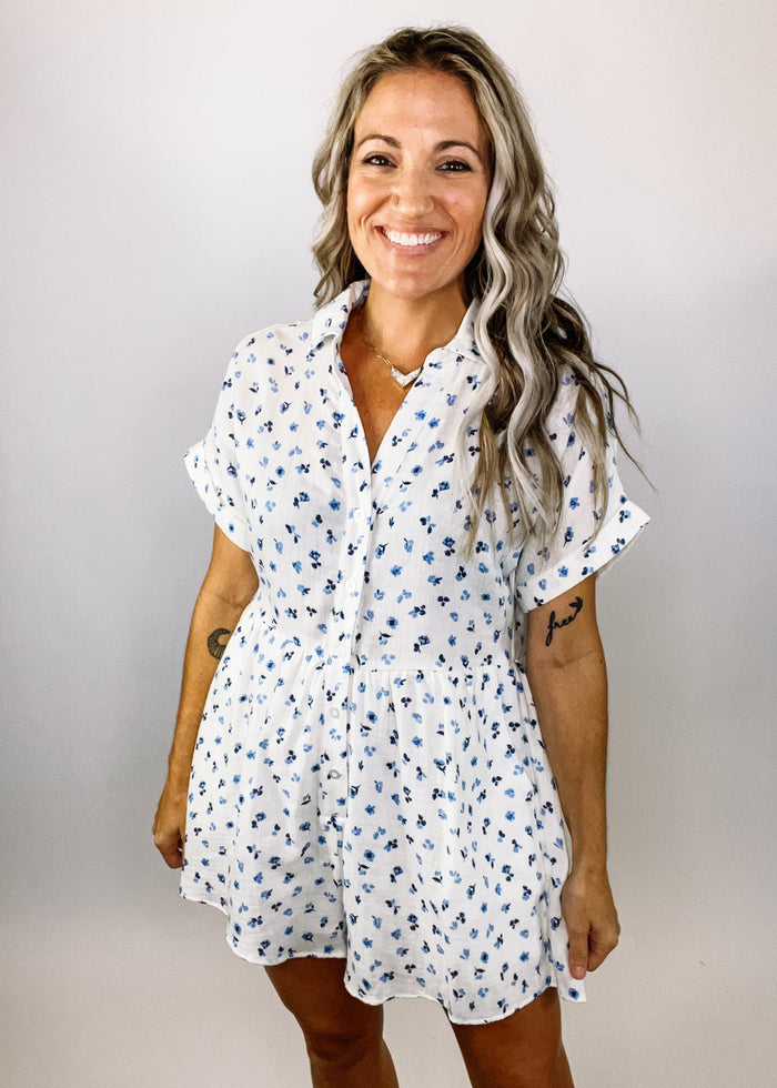 Ivory and Blue Ditsy Floral Button Down Romper