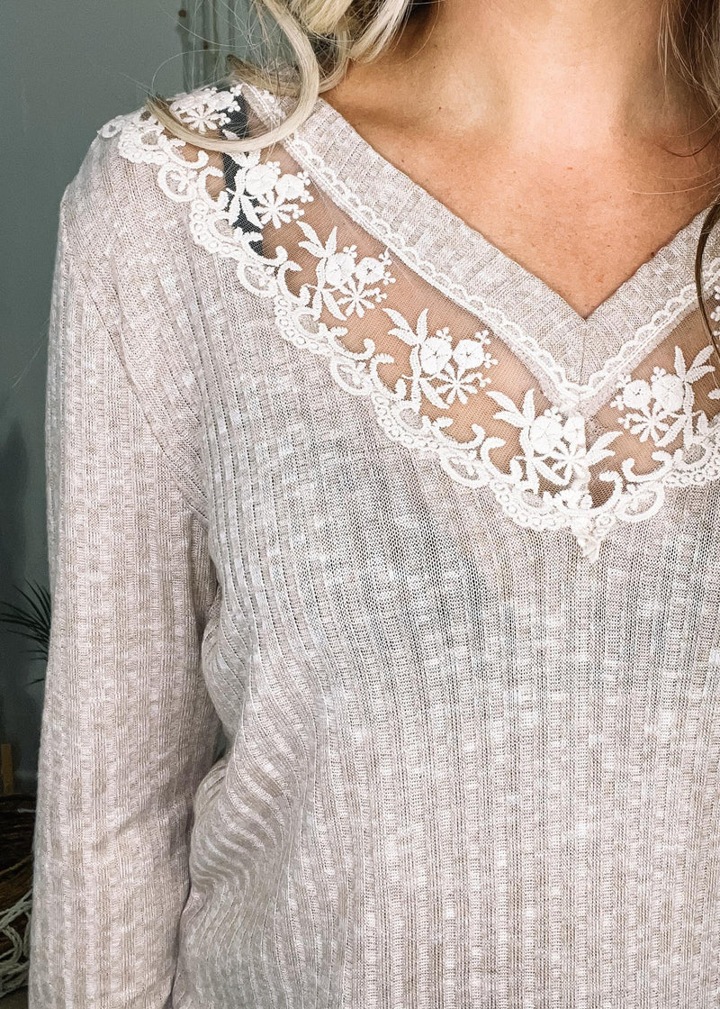 Two Tone Rib Knit Top with Sheer Crochet Lace Detail