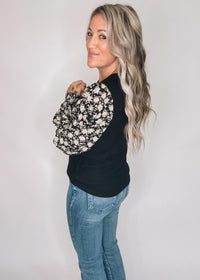 Black Ribbed Top with Floral Smocked Cuff Sleeves