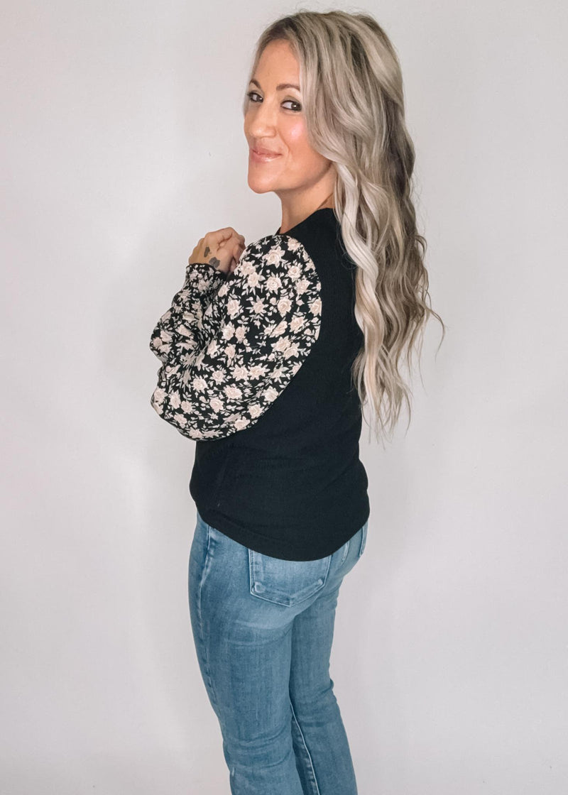 Black Ribbed Top with Floral Smocked Cuff Sleeves
