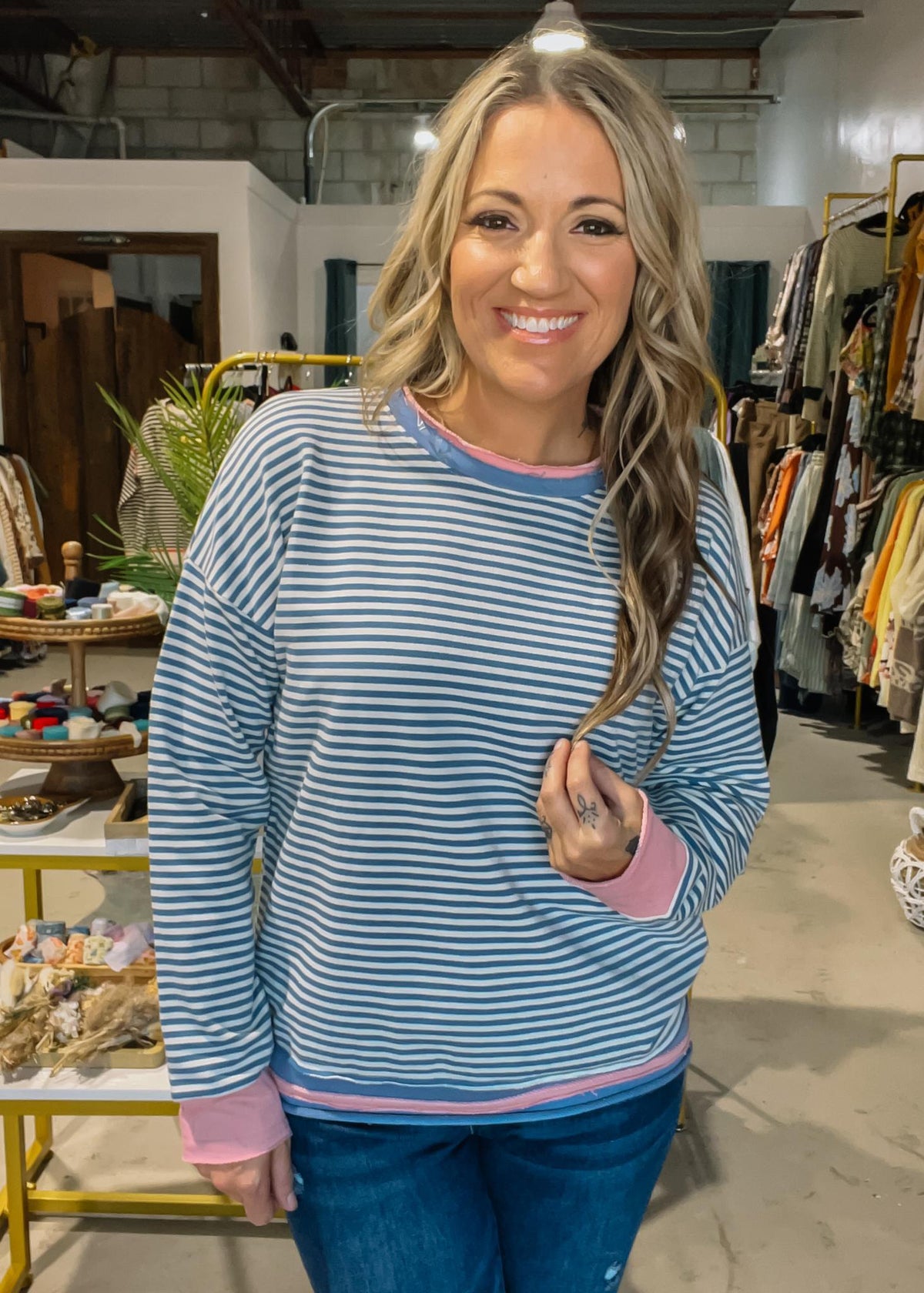 Blue and Pink Micro Stripe Pullover