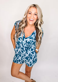 Tropical Print Romper with Tie Rouching Shoulder Detail