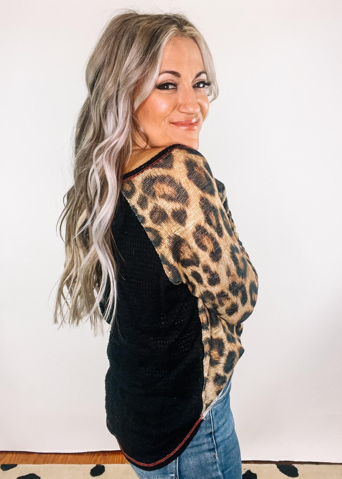 Leopard Waffle Popcorn Knit Top