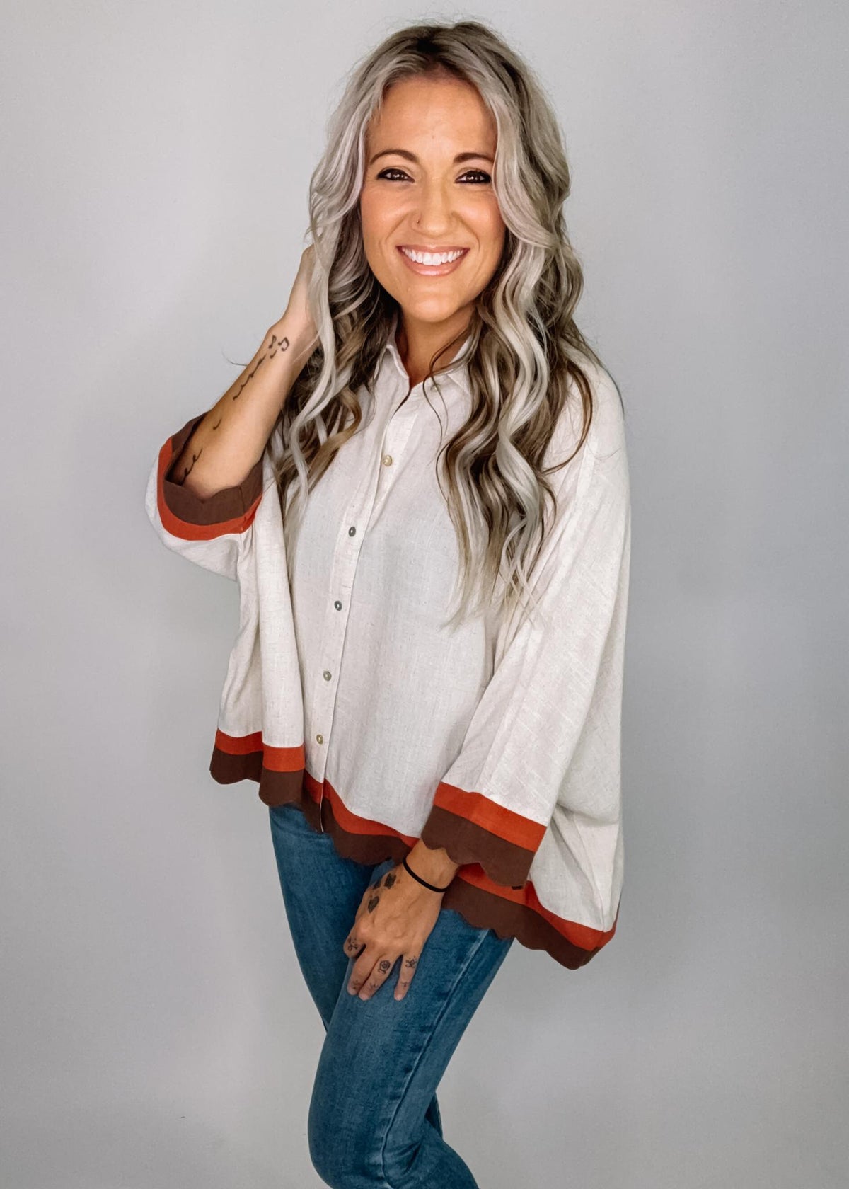 Oatmeal Button Down Poncho Top with Wavy Trim