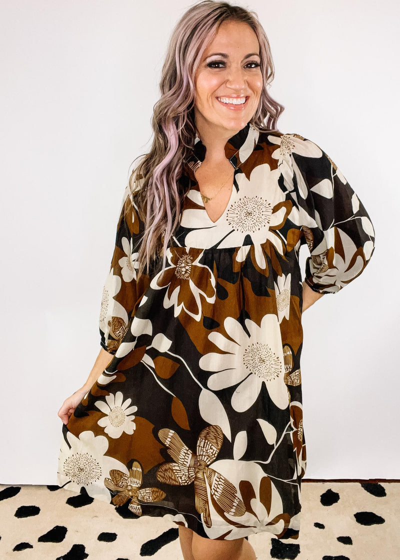 Caramel Floral Puff Sleeve Dress