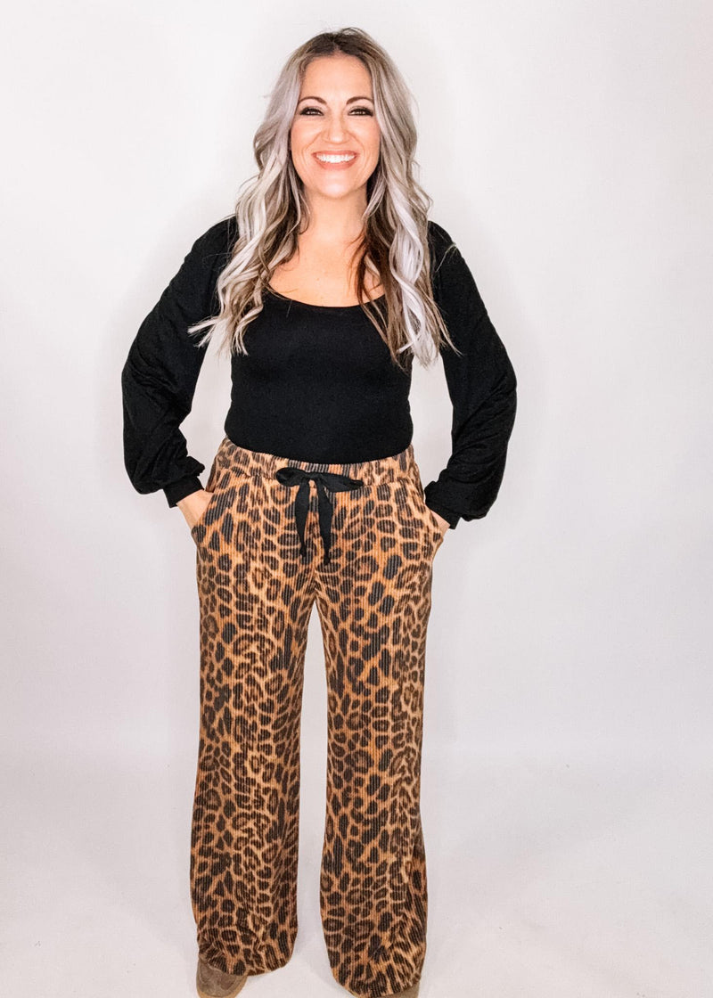 Leopard Ribbed Wide Leg Pants