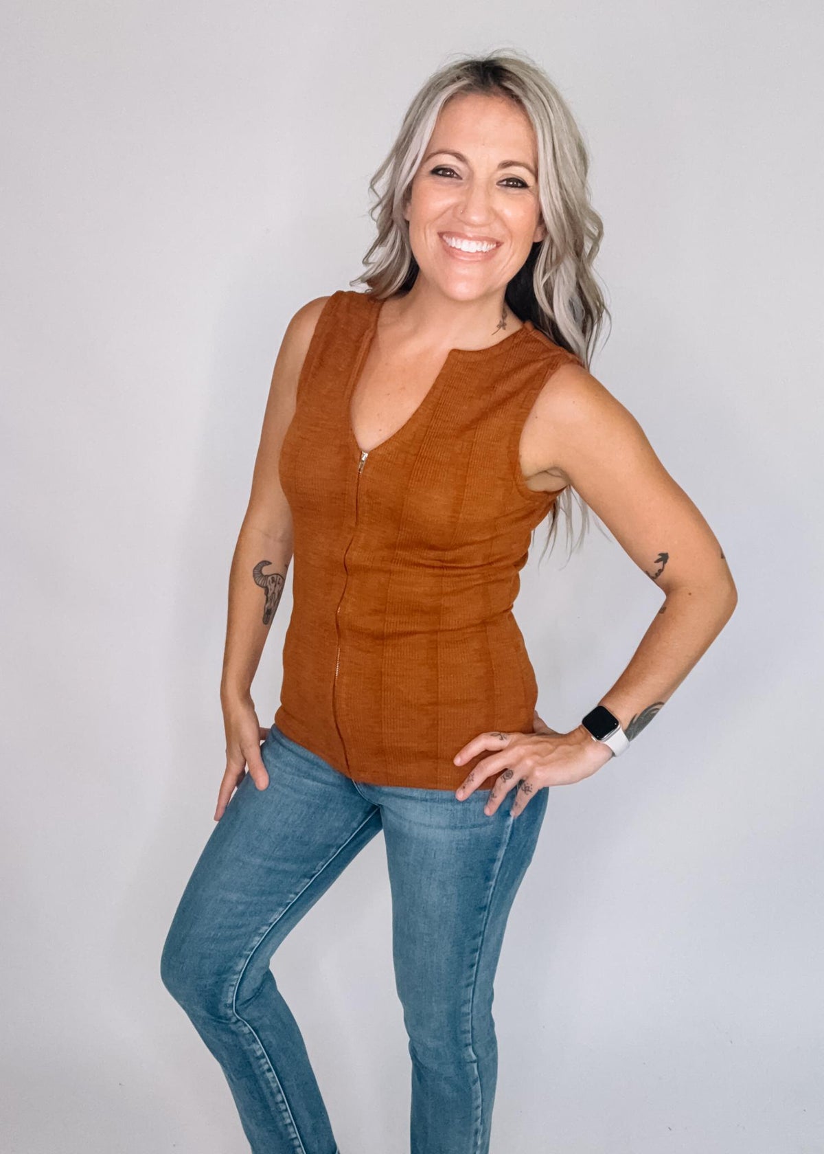 Textured Ribbed Sleeveless Top with Zipper