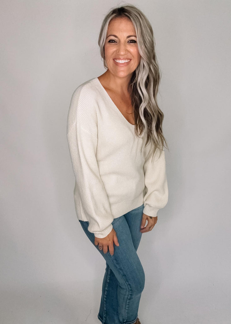 Drop Shoulder Back Bow Tie Sweater