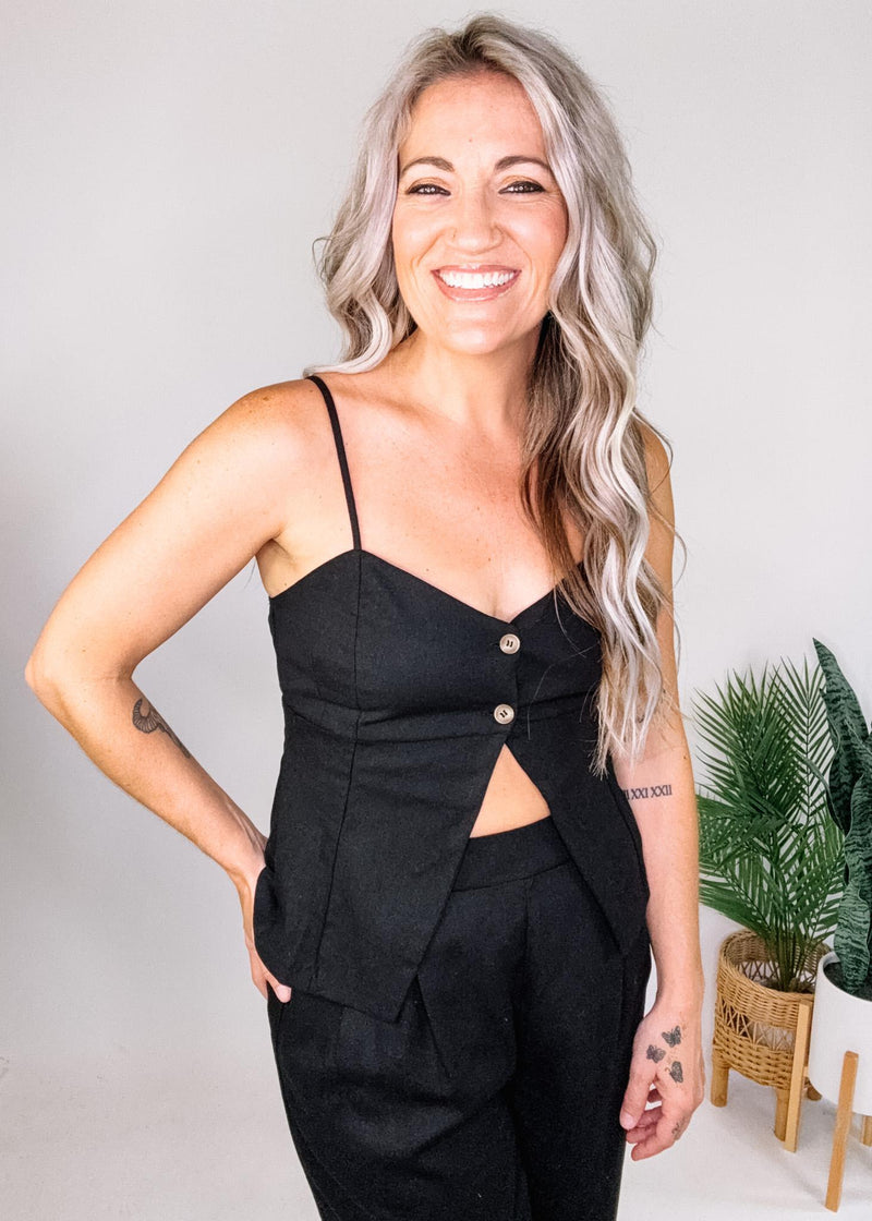 Front Button Split Hem Spaghetti Top with High Waist Pants