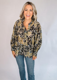 Olive Paisley Printed Bubble Sleeve Blouse