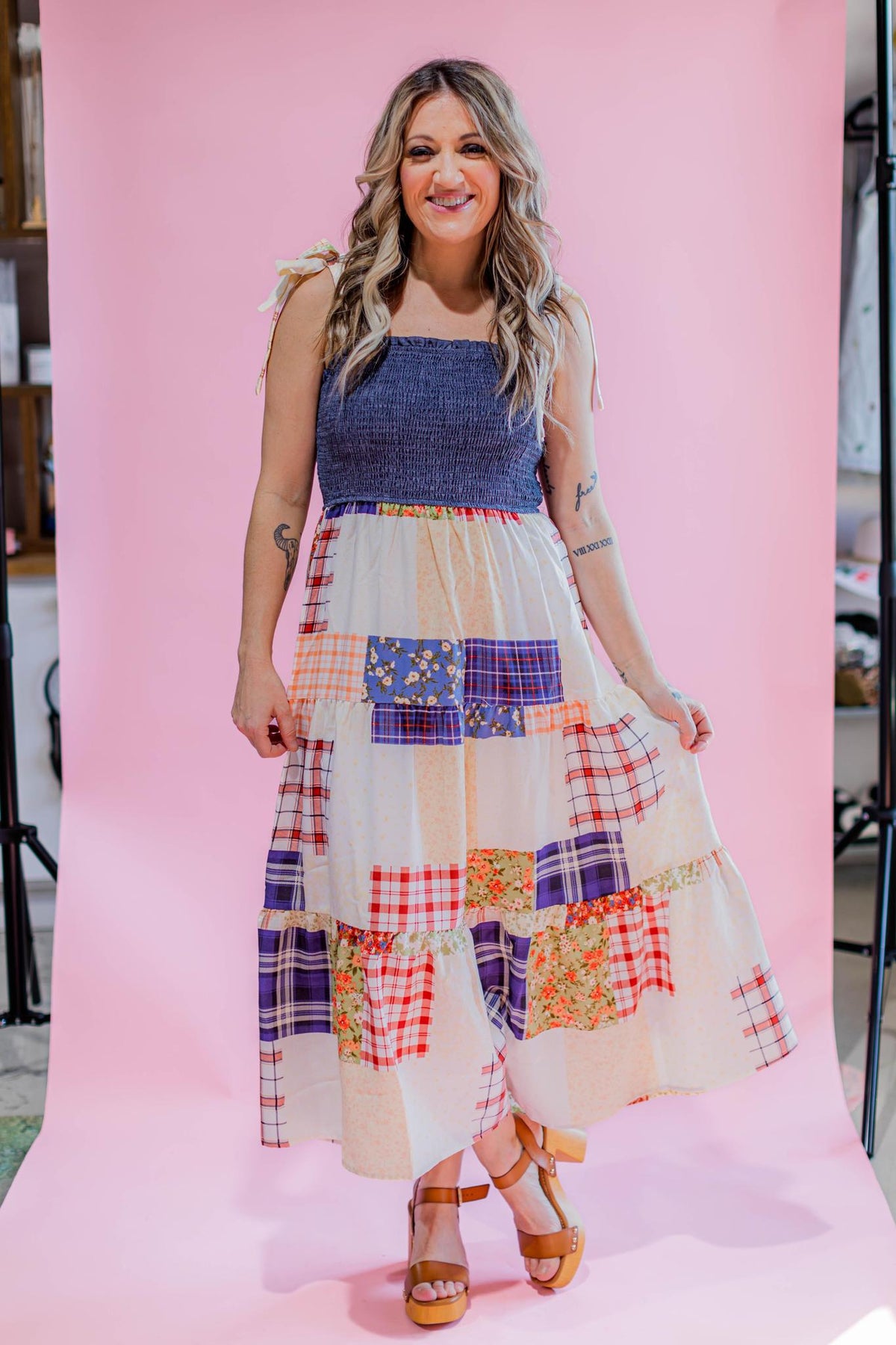 Smocked Denim Patchwork Maxi Dress
