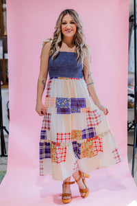Smocked Denim Patchwork Maxi Dress
