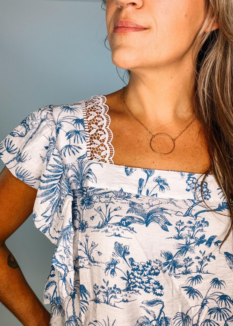 Blue and Ivory Lace Trim Blouse