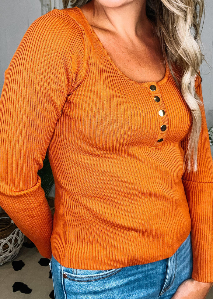 Rust Ribbed Button Long Sleeve Top