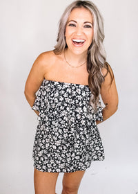 Sleeveless Ruffle Wrap Graphite Floral Romper
