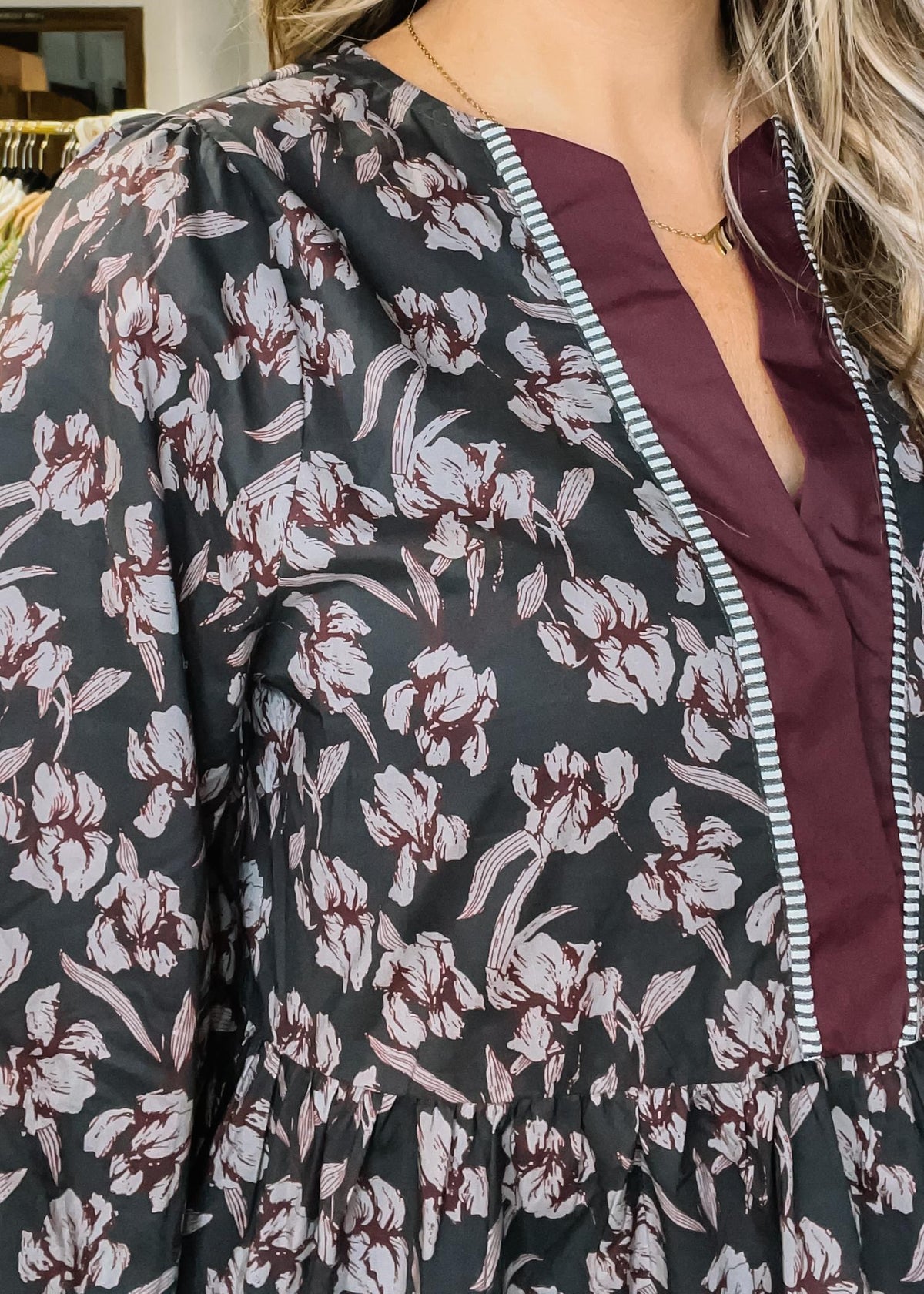 3/4 Sleeve Women Floral Top With Contrast Detail