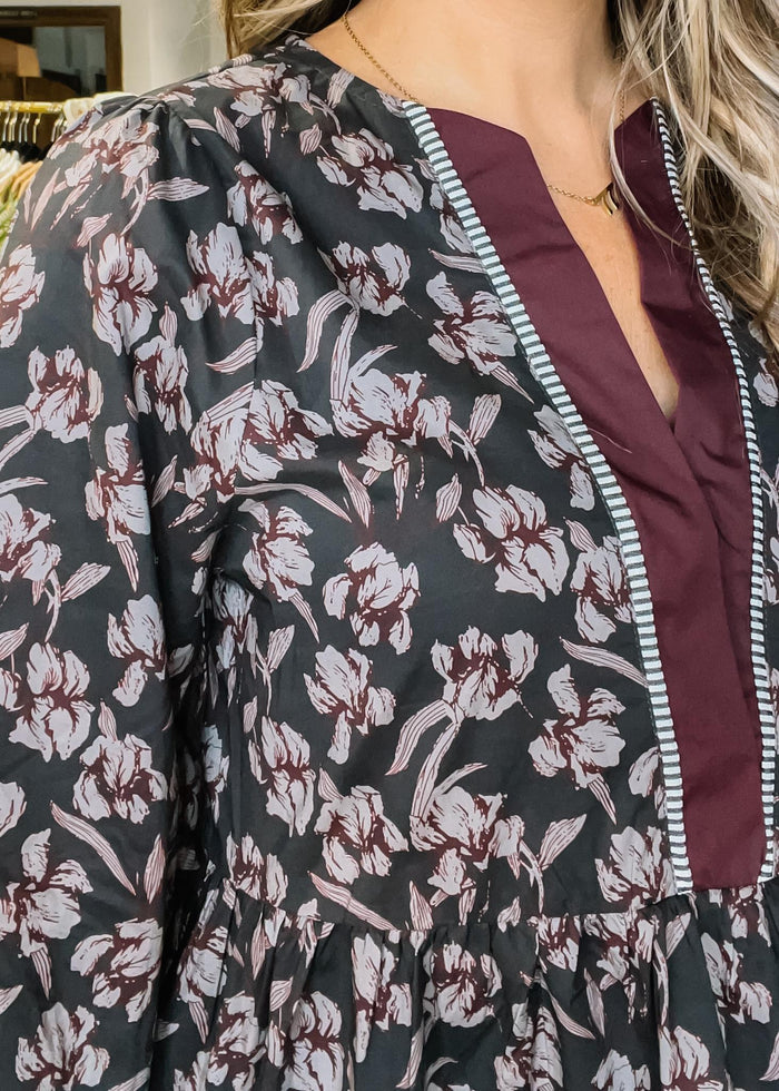 3/4 Sleeve Women Floral Top With Contrast Detail