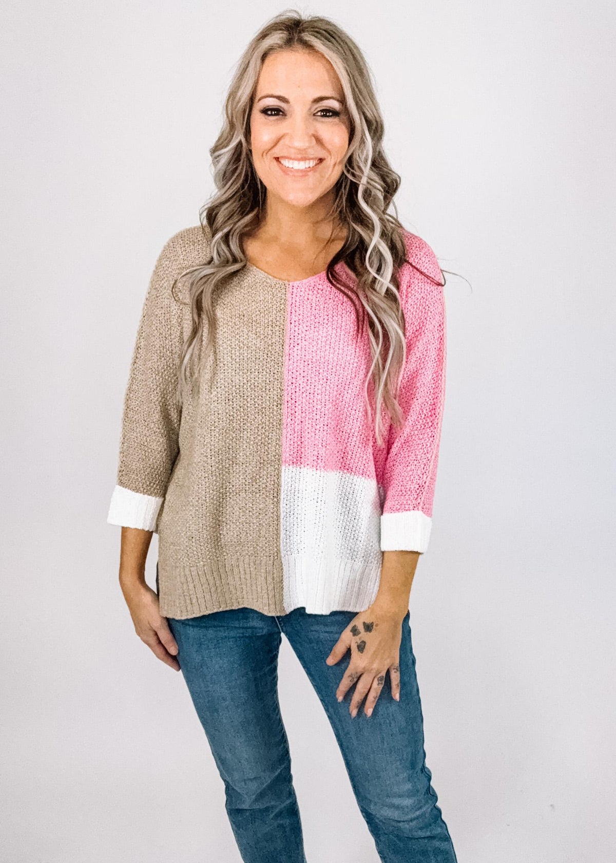 Pink Color Block V Neck Knit Sweater