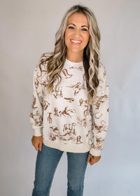 Western Print Crew Neck Long Sleeve Top