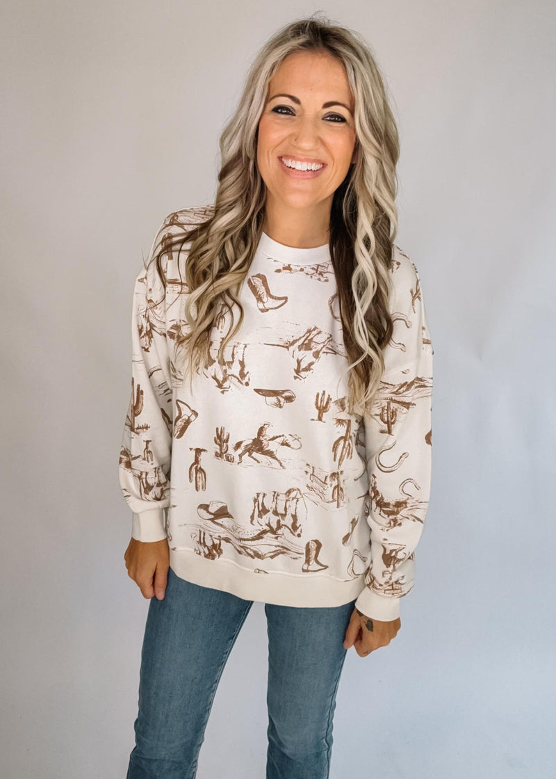 Western Print Crew Neck Long Sleeve Top
