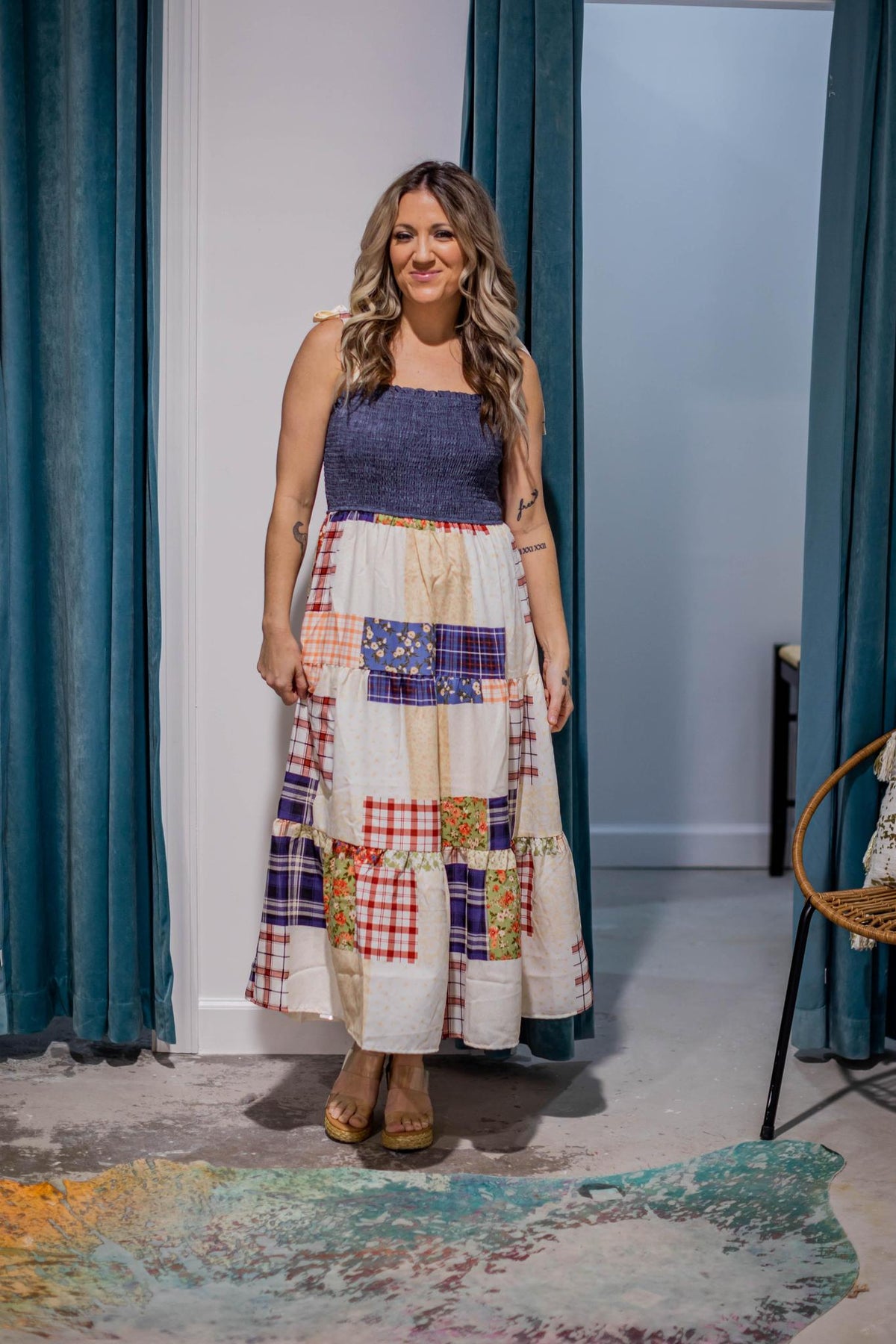 Smocked Denim Patchwork Maxi Dress