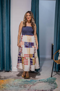 Smocked Denim Patchwork Maxi Dress