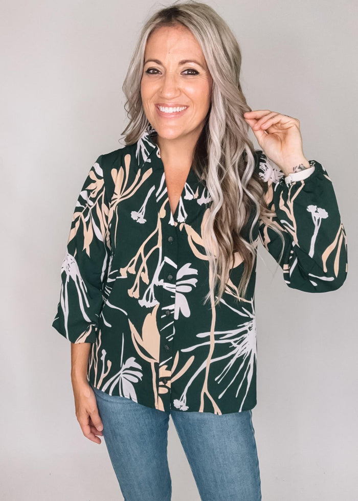 Dark Green Floral Button Blouse