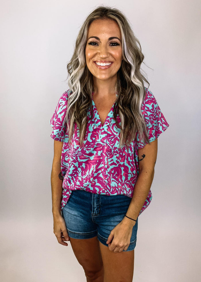 Fuchsia and Mint Abstract Print Blouse