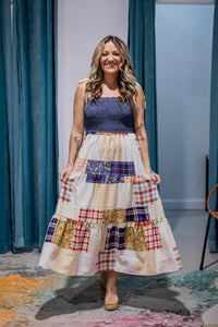 Smocked Denim Patchwork Maxi Dress