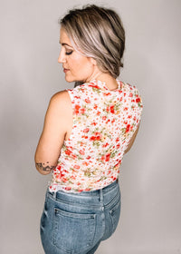Ivory and Coral Semi Sheer Floral Mesh Top