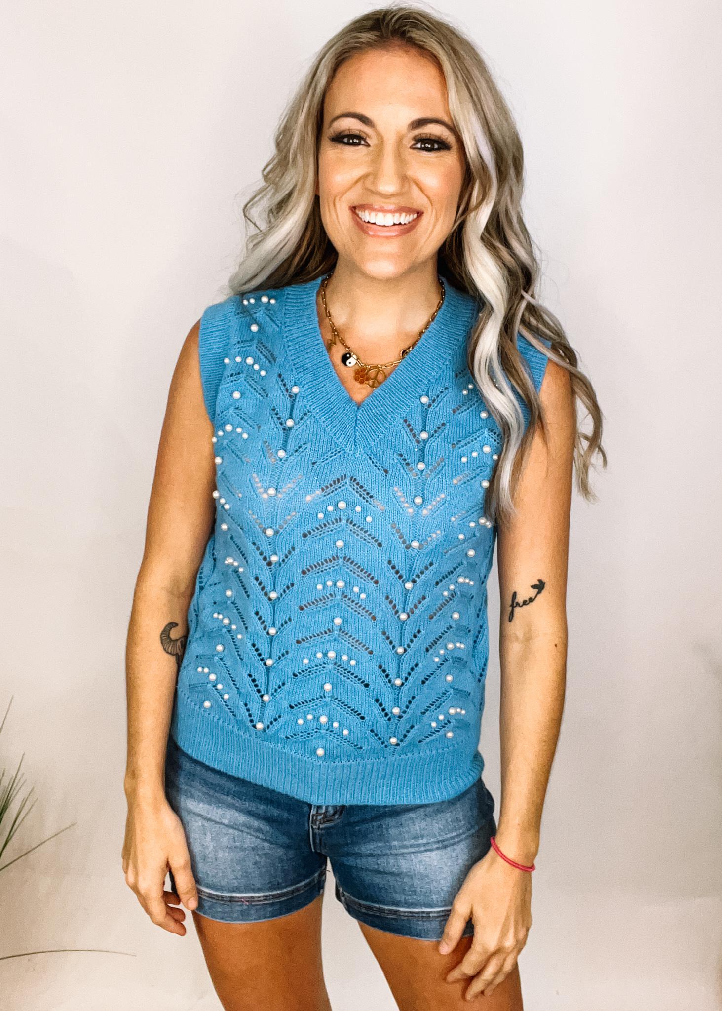 Blue Pearl Embellished Knit Top – The Teal Eagle Boutique