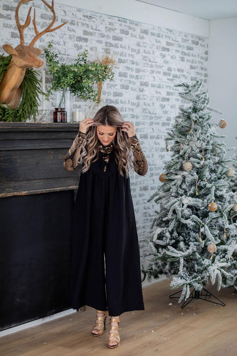 Black Wide Leg Jumpsuit with Ribbon Detail