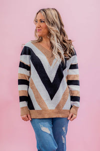 Neutral Chevron Chunky Knit Sweater